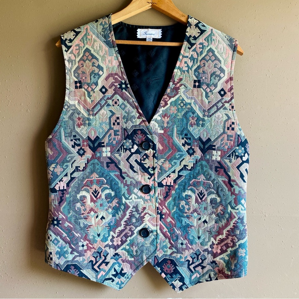 Vintage Tapestry Vest Suzanne MCM Mod 70s 80s 90s Southwestern Unisex Boho Large